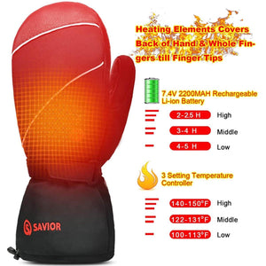 Savior heated mitten with battery life and temperature setting specifications