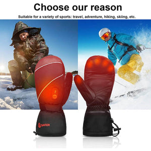 Savior heated mittens showing heating elements for winter sports like skiing and ice fishing
