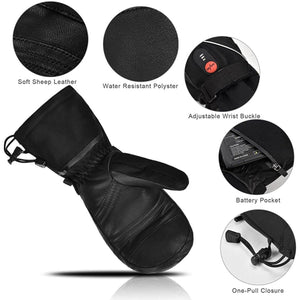 Black heated mitten showing sheep leather, water resistant polyester, wrist buckle, battery pocket, and pull closure