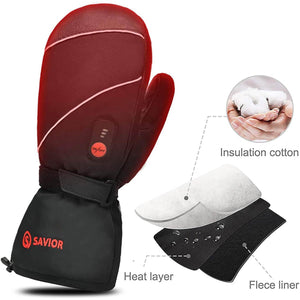 Savior heated mitten showing insulation cotton heat layer and fleece liner construction