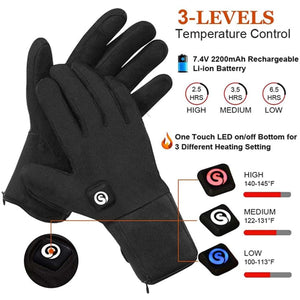 Black heated gloves with three temperature settings and rechargeable battery specifications
