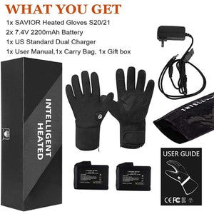 Savior heated gloves kit including two batteries, dual charger, carry bag, and user manual