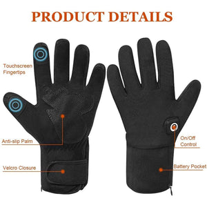 Black heated gloves showing touchscreen fingertips anti-slip palm velcro closure and battery pocket