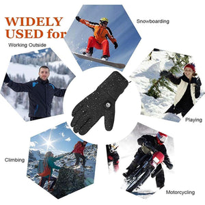 Black waterproof heated gloves shown in use for snowboarding, working outside, playing, climbing, and motorcycling