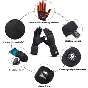 Savior Heat gloves feature diagram showing heating elements, battery pocket, touch sensor, and power button