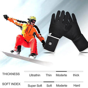Savior Heat black heated gloves with thickness and softness index chart and snowboarder background