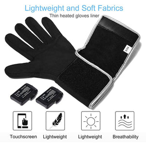 Savior Heat thin black heated glove liner with two batteries and feature icons for touchscreen and breathability