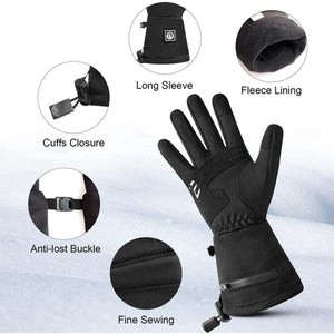 Black winter glove features with long sleeve, fleece lining, cuff closure, anti-lost buckle, and fine sewing details