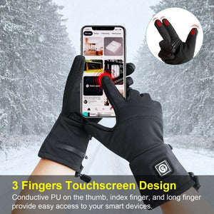 Black touchscreen gloves with conductive pads on thumb index and middle fingers using a smartphone