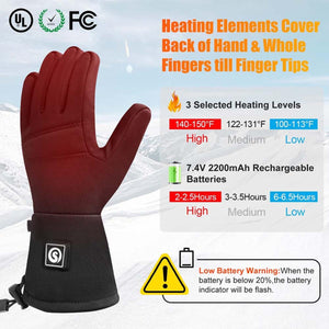 Red heated glove with three temperature settings and battery life specifications