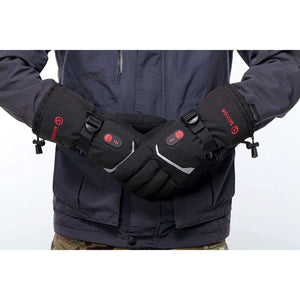 Person wearing black Savior Heat heated gloves with red power buttons