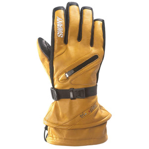 Swany tan leather ski glove with black trim and wrist strap
