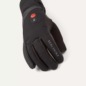 Sealskinz black heated glove with power button on the back of the hand
