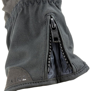 Close up of a black SealSkinz glove cuff featuring a vertical zipper closure
