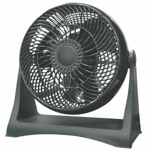 World Marketing black circular desk fan with a protective grille