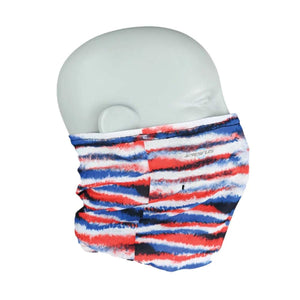 Seirus neck gaiter with red white and blue horizontal tie dye pattern on a mannequin head