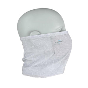 Seirus grey neck gaiter with white swirl pattern on a mannequin head