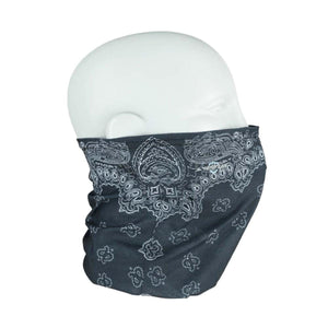 Seirus black bandana print neck gaiter on a mannequin head