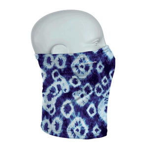 Seirus blue and white tie dye neck gaiter on a mannequin head