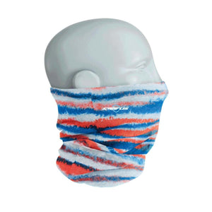Seirus neck gaiter with red and blue horizontal stripe pattern on a mannequin head