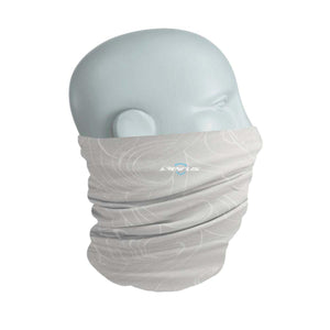 Seirus light grey neck gaiter with white swirl pattern on mannequin head