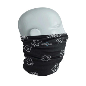 Seirus black neck gaiter with white paisley pattern on a mannequin head