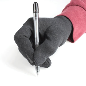Hand wearing a black Seirus glove holding a pen against a white background