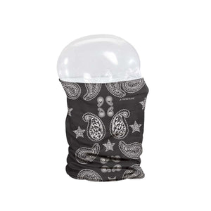 Seirus black neck gaiter with white paisley and star pattern on a mannequin head