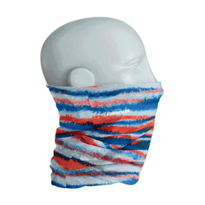 Seirus neck gaiter with red and blue horizontal stripes on a mannequin head