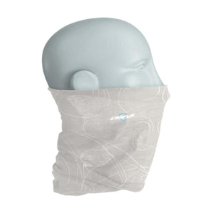 Seirus light grey neck gaiter with white swirl pattern on a mannequin head
