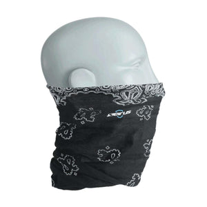 Seirus black bandana print neck gaiter on a mannequin head