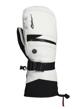 Seirus white and black heated mitten with adjustable wrist strap and zippered pocket