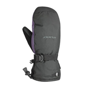 Seirus black and purple winter mitten with adjustable wrist strap and drawcord cuff