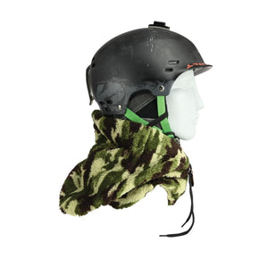Seirus camo fleece neck warmer worn with a black helmet on a mannequin head