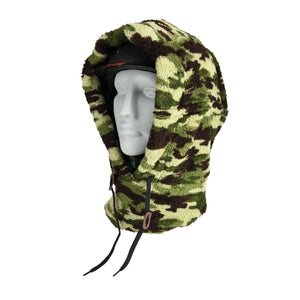 Seirus camouflage fleece hood worn over a black helmet on a mannequin head