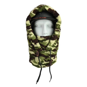 Seirus camo fleece hood with drawstring worn over a black helmet on a mannequin head