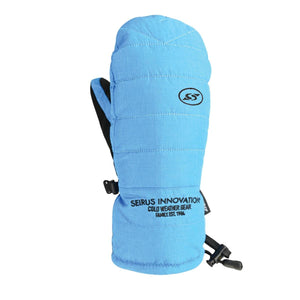 Seirus light blue insulated winter mitten with black palm and wrist cinch