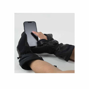 Person wearing Seirus black heated gloves using a smartphone