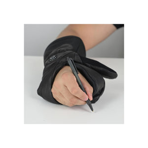 Hand wearing a black Seirus heated glove holding a pen