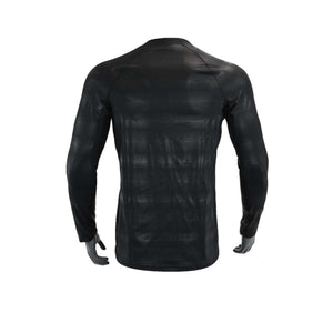 Back view of a black Seirus long sleeve base layer shirt with a subtle chevron pattern