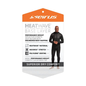 Seirus Heatwave base layer product packaging with man wearing black performance weight top and bottoms