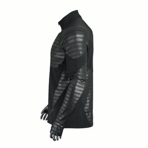 Side view of a black Seirus long sleeve base layer top with textured panels