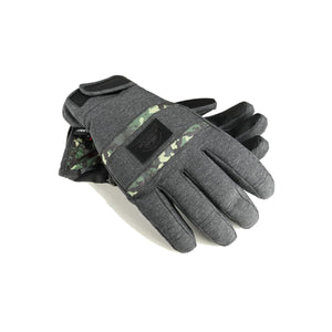 Grey and camouflage patterned winter gloves with velcro wrist straps