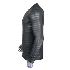 Black long sleeve shirt with horizontal textured stripes on a mannequin