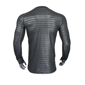 Back view of Seirus black long sleeve base layer shirt with repeating pattern