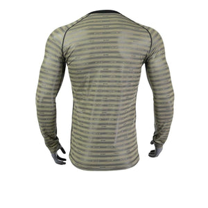Back view of a Seirus long sleeve base layer shirt with a green and black horizontal striped pattern
