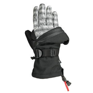 Klim black and white patterned winter glove with adjustable wrist strap and cuff pull cord