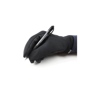 Hand wearing a black Seirus glove holding a pen