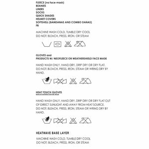 Seirus product care instructions for fleece, gloves, heat touch gloves, and heatwave base layers