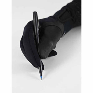 Hand wearing a black Seirus glove holding a pen